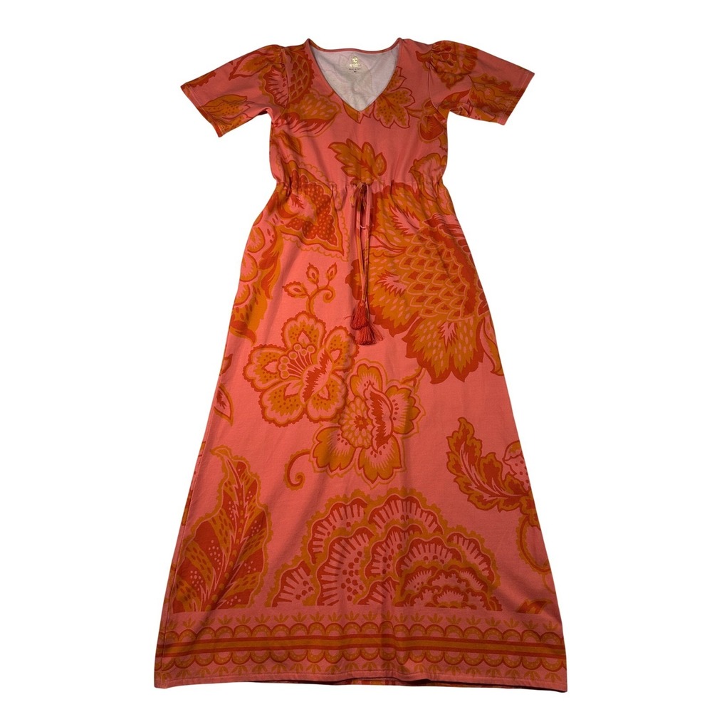 Spartina 449 Womens XS Pink Orange Floral Cotton Maxi Dress Drawstring Pocket - Picture 2 of 9